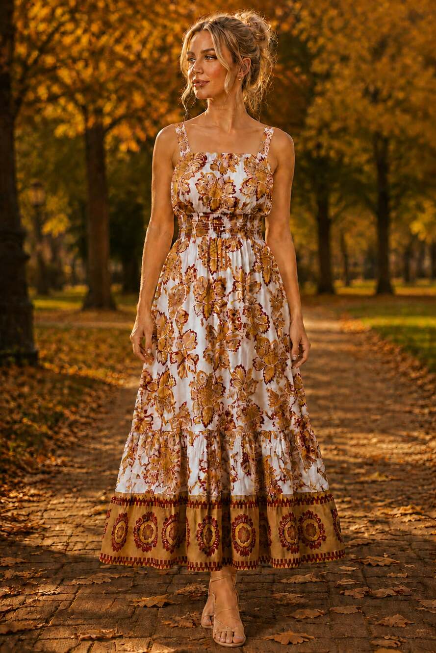 Dress Nadoo NPC995 Ivory/Orange Floral Print Maxi Dress Size M